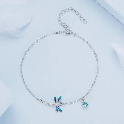 ˇStella JewelryˇSilver Green and Blue Enamel Dragonfly Bracelet Insect Chain Link for Women