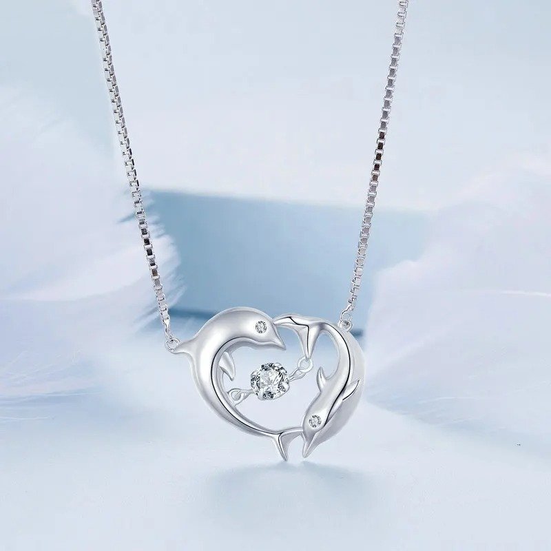 ˇStella JewelryˇDouble Dolphins Necklace Shiny Zircon Love Neck Chain