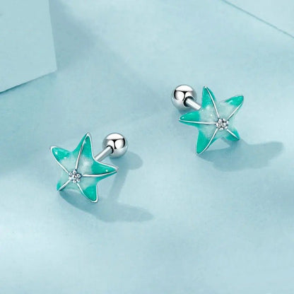 ˇStella JewelryˇBlue Starfish Stud Earrings Platinum Plated Simple Earrings