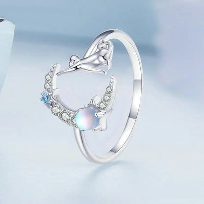 ˇStella JewelryˇCat and Moon Cute Animal Opening Ring Moonstone Adjustable Ring