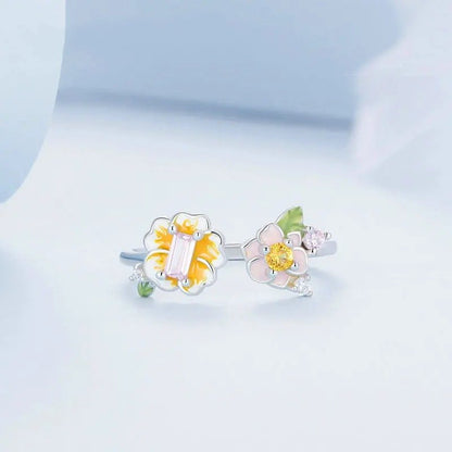ˇStella JewelryˇColorful Enamel Flower Adjustable Ring Yellow Zircon Open Ring