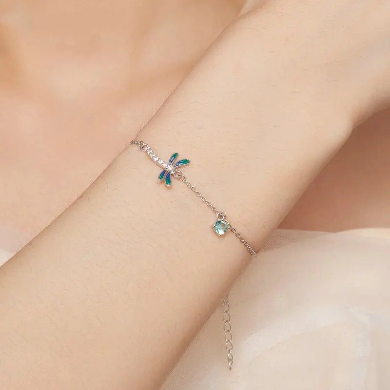 ˇStella JewelryˇSilver Green and Blue Enamel Dragonfly Bracelet Insect Chain Link for Women