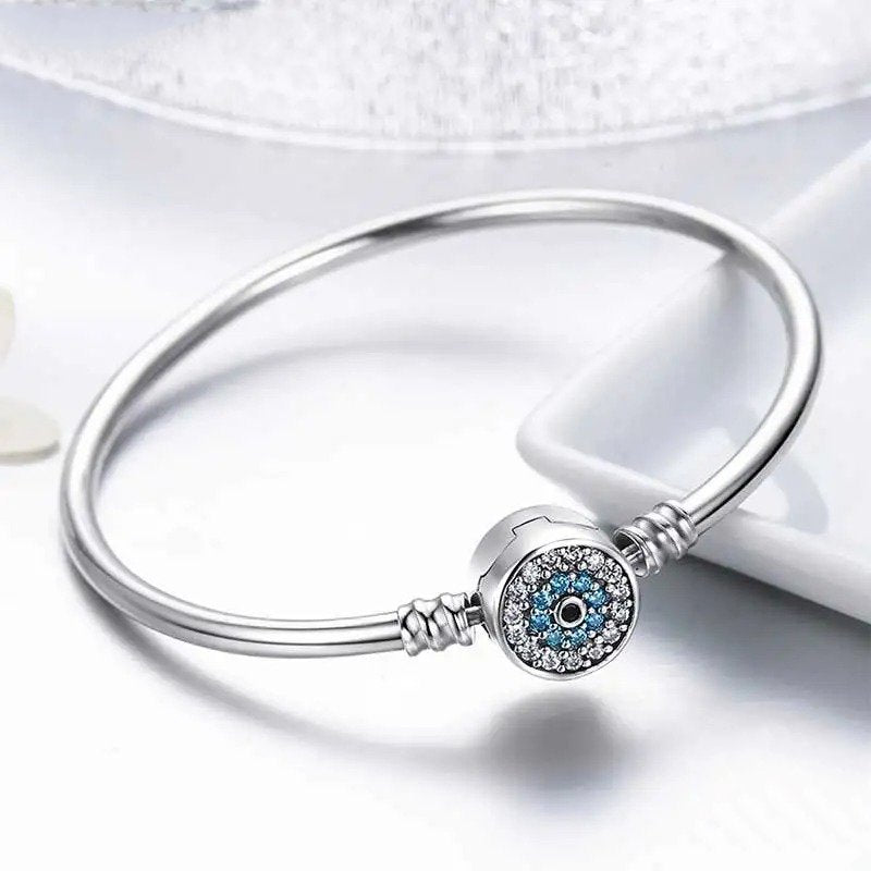 ˇStella JewelryˇBlue Evil Eye Bangle Demon Eye Charm Bracelet Clear CZ Luxury