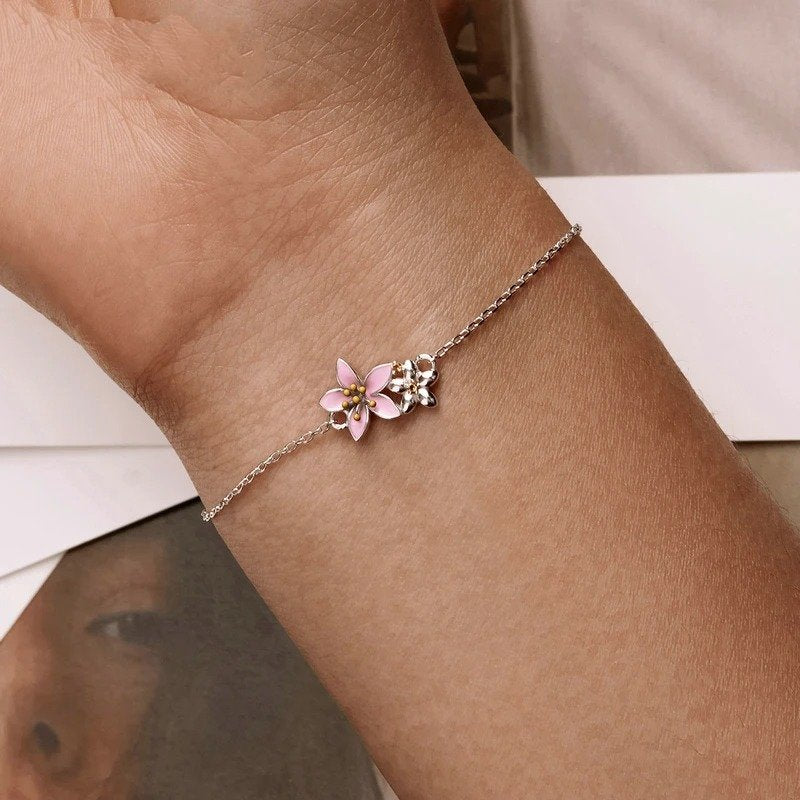 ˇStella JewelryˇBeautiful Cherry Blossom Bracelet Adjustable Silver Snake Chain Link