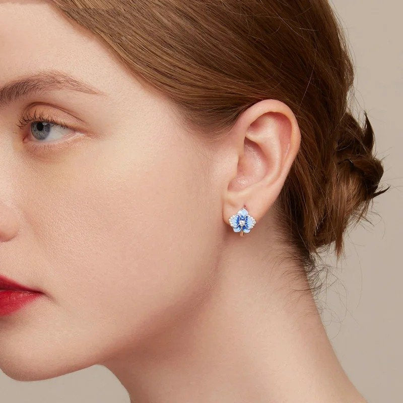 ˇStella JewelryˇBlue Enamel Butterfly Orchid Ear Clips Phalaenopsis Flower