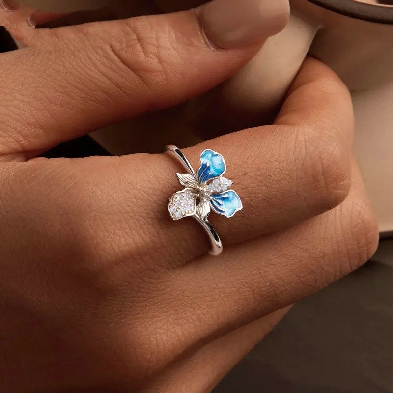 ˇStella JewelryˇBlue Iris Adjustable Ring Exquisite Enamel Flower Opening Ring