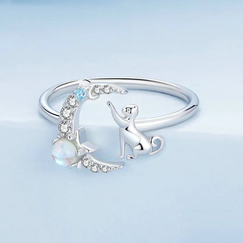 ˇStella JewelryˇCat and Moon Cute Animal Opening Ring Moonstone Adjustable Ring