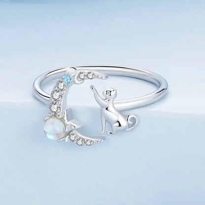 ˇStella JewelryˇCat and Moon Cute Animal Opening Ring Moonstone Adjustable Ring
