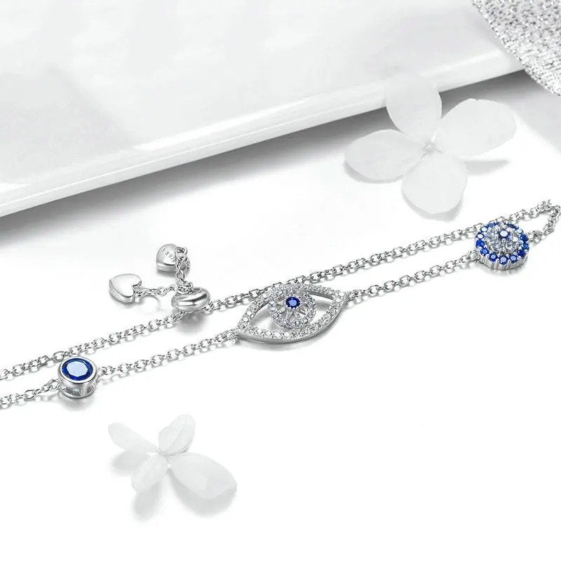 ˇStella JewelryˇBlue Zircon Evil Eyes Bracelet Guardian Eye Chain for Women