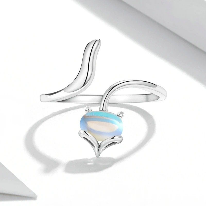 ˇStella JewelryˇMoonstone Adjustable Ring 925 Sterling Silver Fox Shape Design Silver Ring