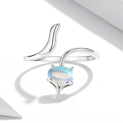 ˇStella JewelryˇMoonstone Adjustable Ring 925 Sterling Silver Fox Shape Design Silver Ring