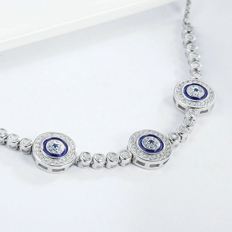 ˇStella JewelryˇSilver Luxury Round Blue Evil Eyes Clear Cubic Zircon Crystal