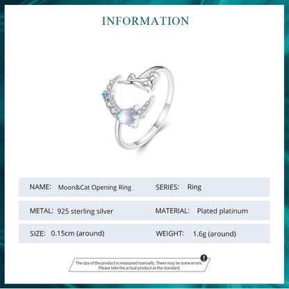 ˇStella JewelryˇCat and Moon Cute Animal Opening Ring Moonstone Adjustable Ring