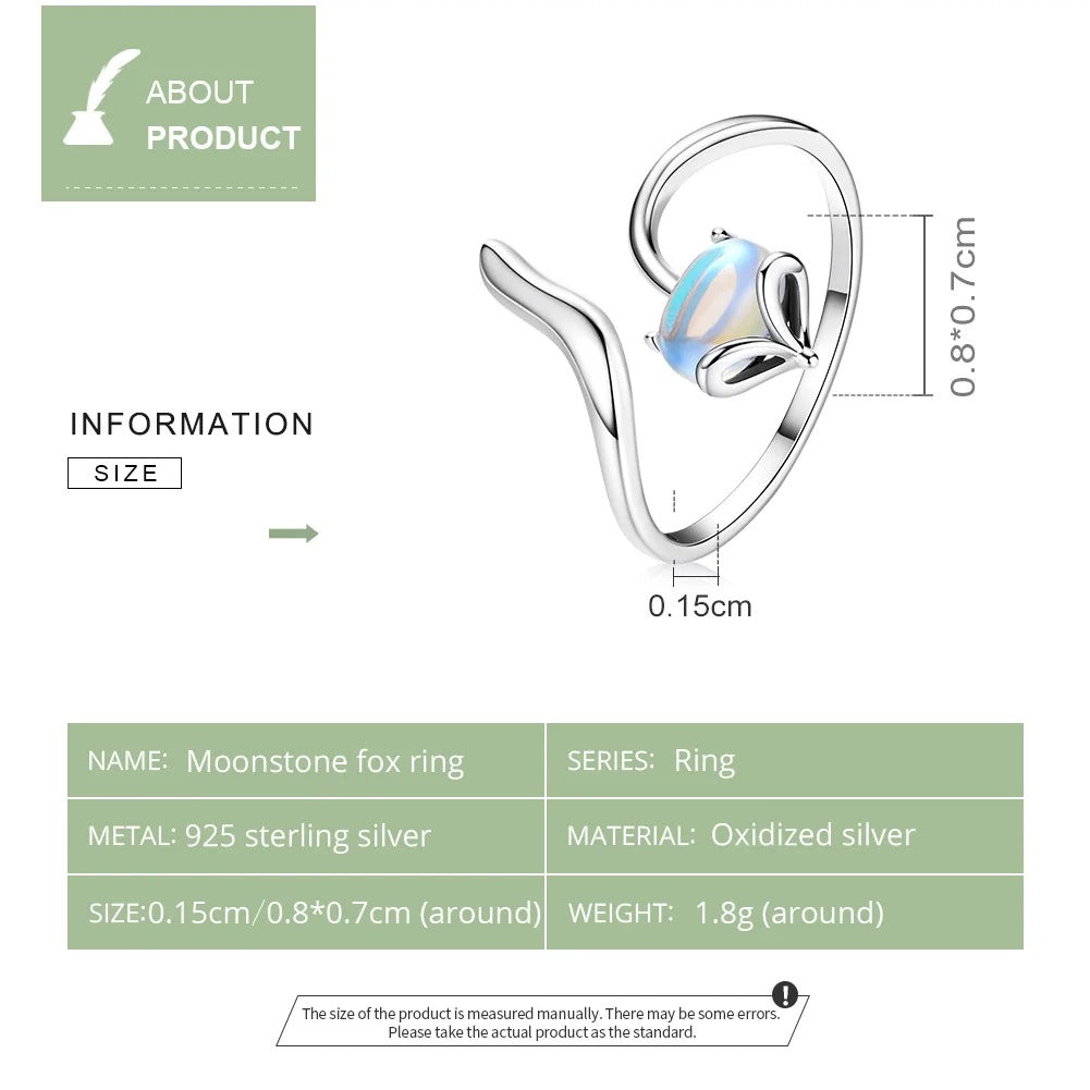 ˇStella JewelryˇMoonstone Adjustable Ring 925 Sterling Silver Fox Shape Design Silver Ring