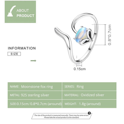 ˇStella JewelryˇMoonstone Adjustable Ring 925 Sterling Silver Fox Shape Design Silver Ring