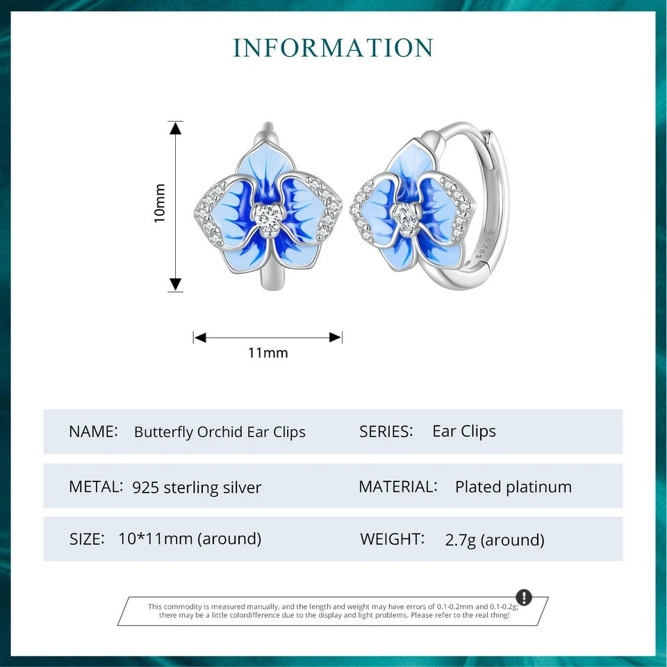 ˇStella JewelryˇBlue Enamel Butterfly Orchid Ear Clips Phalaenopsis Flower