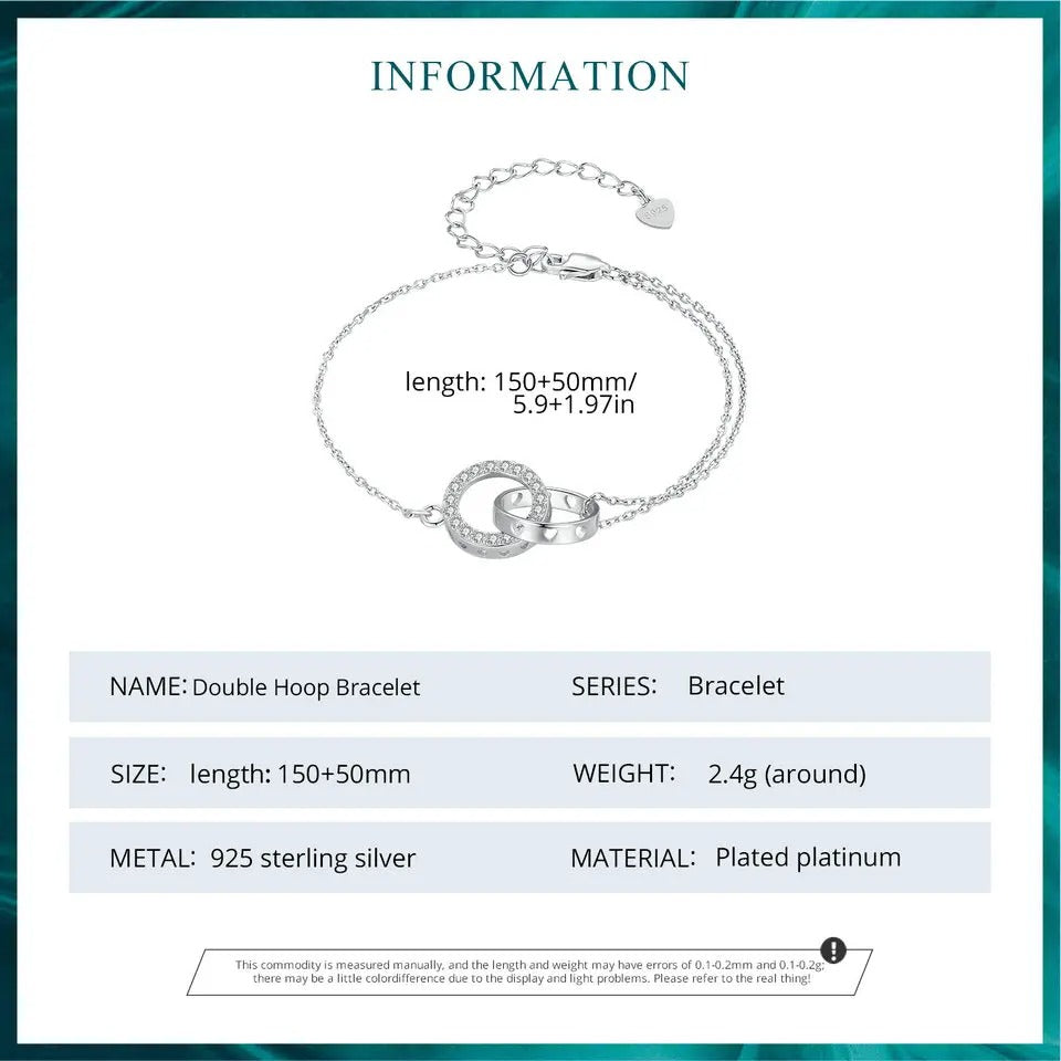 ˇStella JewelryˇSilver Double Circle Bracelet Eternity Adjustable Chain Link Platinum Plated