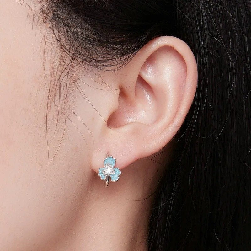 ˇStella JewelryˇBlue Enamel Iris Ear Buckles Flower Hoop Earrings