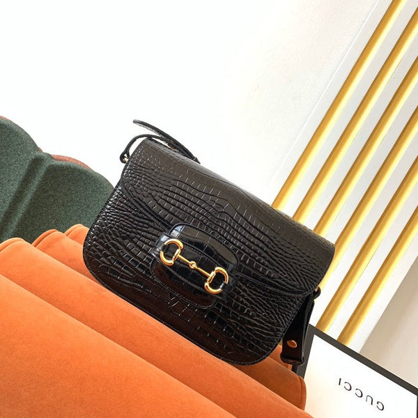 GG 1955 Horsebit Tasche 25cm Schwarzes Krokodilleder Goldbeschläge