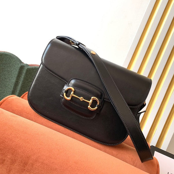 GG 1955 Horsebit Tasche 25cm Schwarzes Kalbsleder Goldbeschläge