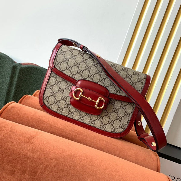 GG 1955 Horsebit Tasche 25cm Rotes Leder Beige Canvas Gold Hardware
