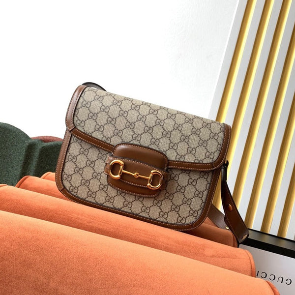 GG 1955 Horsebit Tasche 25cm Braunes Leder Beige Canvas Gold Hardware